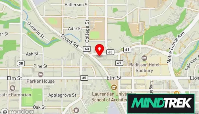 map of Compass / Boussole / Akii-Izhinoogan Citizen information bureau, Cultural association, Mental health clinic, Youth organization in Greater Sudbury