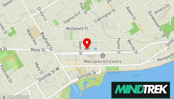 map of Evergreen Wellness Studio - Massage, Chiropractic Care, Physiotherapy, Naturopath, Yoga, Meditation Massage therapist, Acupuncture clinic, Acupuncturist, Chiropractor, Meditation instructor, Naturopathic practitioner, Women's health clinic, Perinatal center, Physical fitness program, Psychotherapist in Barrie